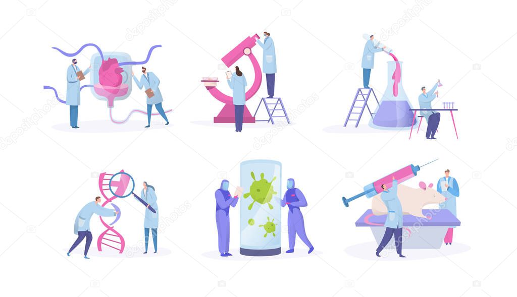 Scientist lab research, concept with tiny people cartoon characters, set isolated on white, vector illustration