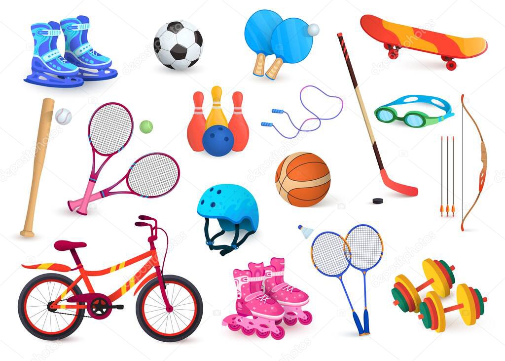 Sport object set isolated on white, active hobby game items and accessories, vector illustration