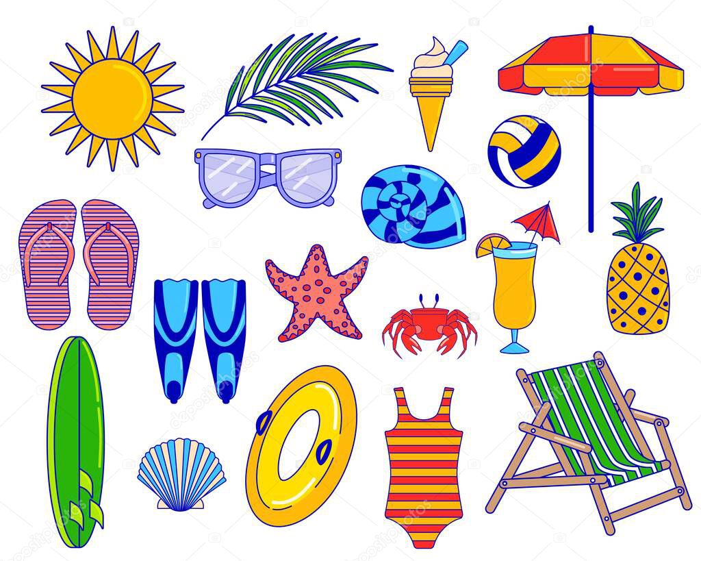 Summer vacation objects in flat style, set of icons isolated on white, vector illustration