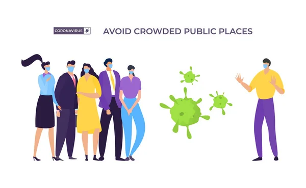 Avoid crowded place banner, coronavirus protection vector illustration. Masked man move away from group people to avoid infected — Stock Vector