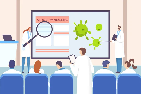 Concept des médecins de conférence, illustration vectorielle d'information sur le coronavirus. Sensibilisation des employés de l'hôpital à la pandémie . — Image vectorielle