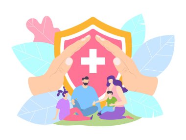 Family health insurance with clinic, life protection concept vector illustration. Parent and children protected by hospital. clipart