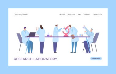 Genetik araştırma kliniği iniş konsepti çizimi. DNA laboratuarı web sayfası. Tıbbi mantolu kadın ve erkek.