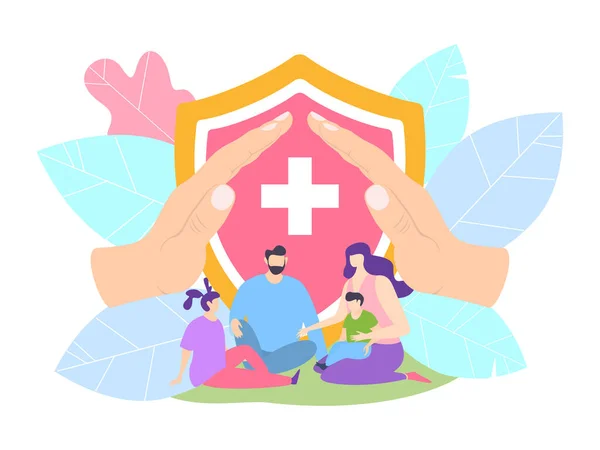 Familie ziektekostenverzekering met kliniek, levensbescherming concept vector illustratie. Ouder en kinderen beschermd door het ziekenhuis. — Stockvector