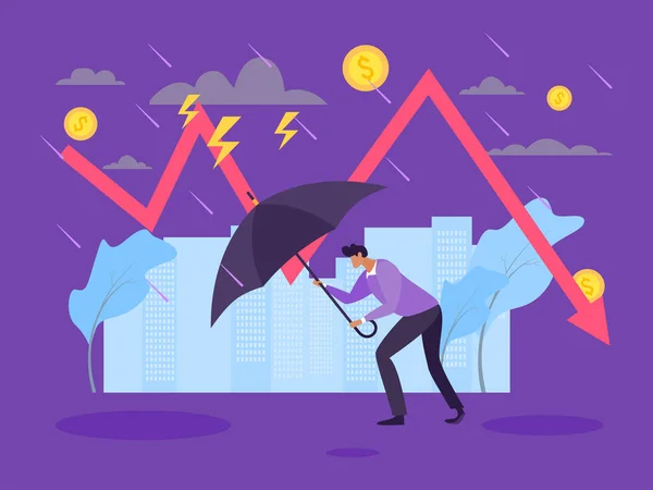 Rezession Finanzkrise Konzept, Verlangsamung der Produktion Vektor Illustration. Männerfigur mit Regenschirm gegen das Wetter — Stockvektor