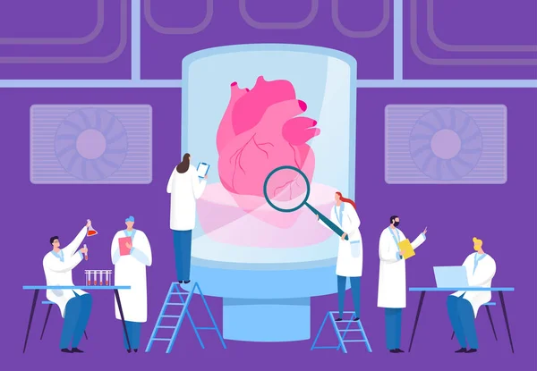 Cientista crescer coração transplante em laboratório, ilustração vetorial. Especialista em casacos brancos crescer órgão interno em frasco . — Vetor de Stock