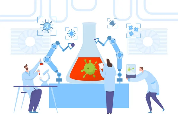 Virus onderzoek wetenschapper laboratorium, teamwork concept vector illustratie. Experimenteren met medici op ziekte. — Stockvector