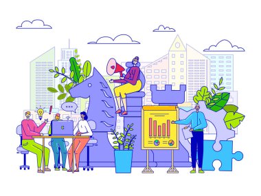 İş stratejisi kavramı, insanlar çizgi karakterler ve satranç figürleri, vektör illüstrasyonu