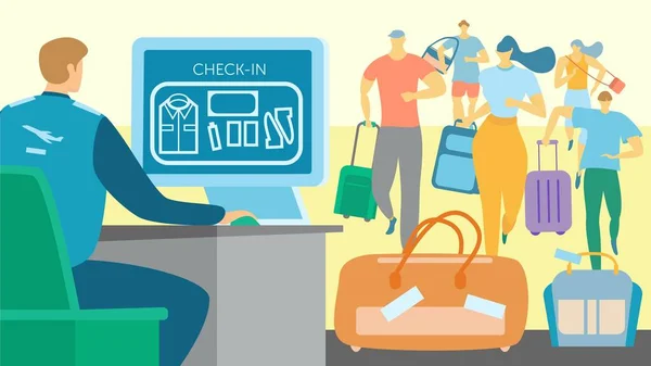 Controllo bagagli di sicurezza aeroportuale, persone che corrono al banco check-in, illustrazione vettoriale — Vettoriale Stock