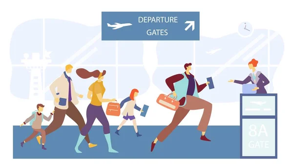 Pasajeros corriendo a la puerta de embarque de vuelo, personas en la terminal del aeropuerto, ilustración vectorial — Vector de stock