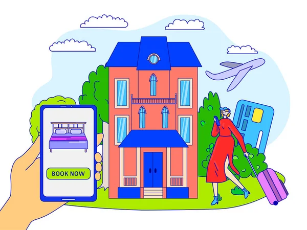 Hotel concetto di prenotazione online, app per cellulare, personaggio dei cartoni animati viaggiatore donna, illustrazione vettoriale — Vettoriale Stock