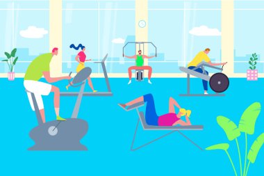 Beden eğitimi, çizgi film karakterleri spor, aktif spor egzersizleri, vektör illüstrasyonu.