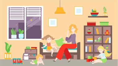 Anne çocuklara masal okuyor, mutlu aile bireyleri evde, vektör illüstrasyon