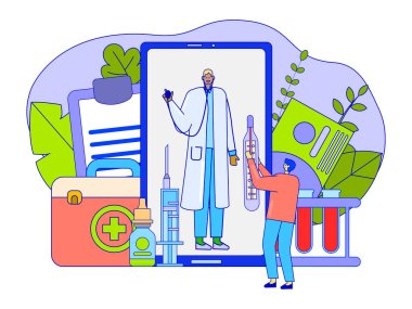 Online doktor danışma konsepti, küçük insanlar çizgi film karakterleri, tıbbi vektör illüstrasyonu