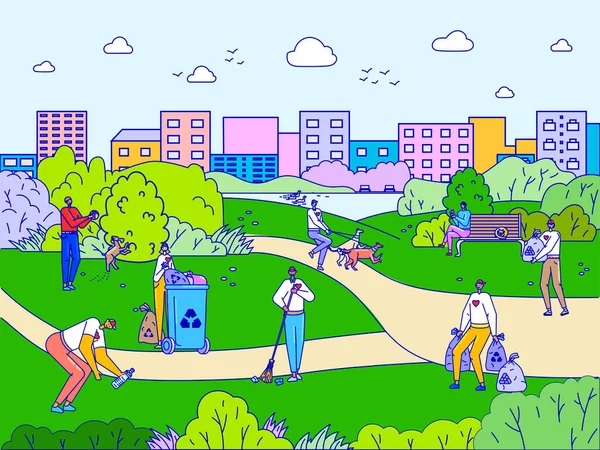 Emberek takarítás városi park, önkéntesek rajzfilmfigurák gyűjtése szemét, vektor illusztráció — Stock Vector