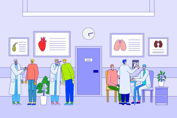 Arts en patiënt in de kliniek, medisch consult afspraak, mensen cartoon tekens vector illustratie — Stockvector