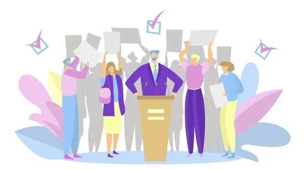 Verkiezingscampagne, partijkandidaat toespraak, mensen steunen politiek leider, vector illustratie — Stockvector