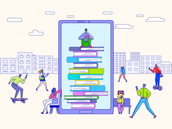 Concept de bibliothèque électronique, personnages de dessins animés de personnes minuscules lisant des livres en ligne, illustration vectorielle — Image vectorielle