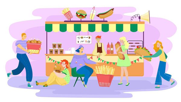 People eating street food, men and women cartoon characters in bistro, vector illustration