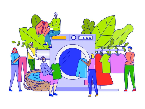 Çamaşır servisi konsepti, küçük insanların giysilerini dev bir makinede yıkaması, vektör illüstrasyonu.