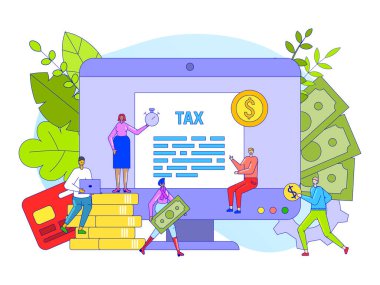 Vergi ödeme konsepti, gelir beyanı ve finansal kar hesabı, küçük insanlar vektör ilülasyonu