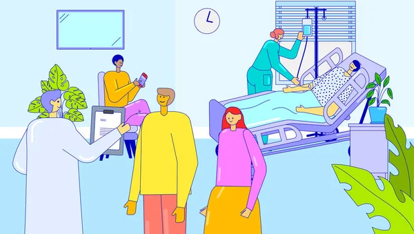 Mensen bezoeken patiënten in het ziekenhuis, medische kliniek service, revalidatie recovery center, vector illustratie — Stockvector