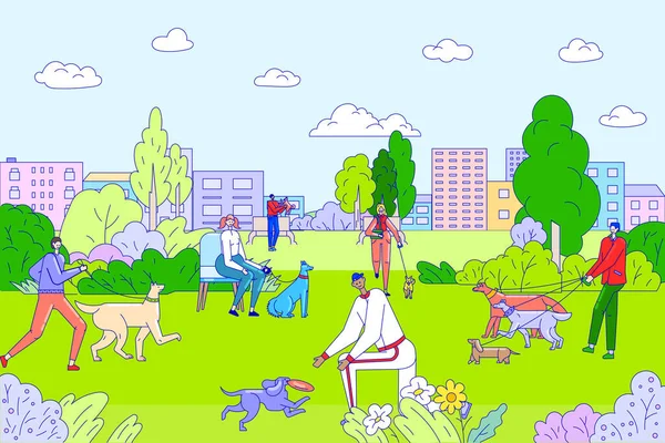Gente paseando perros en el parque de la ciudad, hombres y mujeres felices personajes de dibujos animados con mascotas, ilustración vectorial — Vector de stock