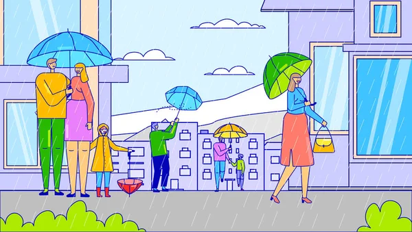 Дождливая погода в городе, люди мультяшные персонажи с зонтиком, векторная иллюстрация — стоковый вектор