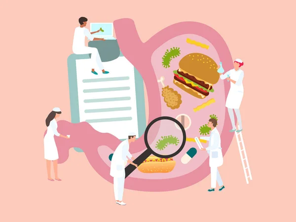 Los médicos examinan alimentos poco saludables en el estómago, concepto médico con personas diminutas, ilustración de vectores — Archivo Imágenes Vectoriales