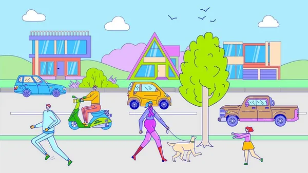 Personagens de desenhos animados de tráfego de rua, pessoas andando na rua, carros na estrada, ilustração vetorial — Vetor de Stock