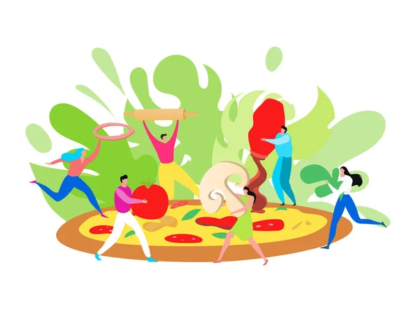 Gente pequeña haciendo pizza, concepto de cocina, personajes de dibujos animados trabajo en equipo juntos, ilustración vectorial — Vector de stock