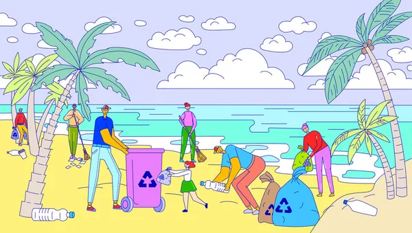 Voluntários limpando praia, pessoas ativistas do ambiente coletando lixo juntos, ilustração vetorial —  Vetores de Stock