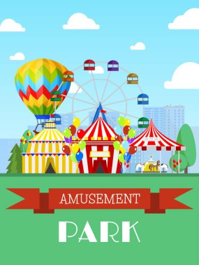 Eğlence parkı ve sirk çadırı, dönme dolap düz vektör çizimi. Eğlence programı, tanıtım davetiyesi.
