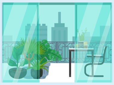 Balkondan kentsel görünüş, konsept şehir manzarası ve teras loggia düz vektör çizimi. Rahat rahat bir yer, saksı çiçeği tasarımı..