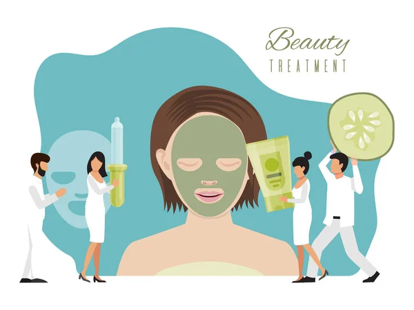 Salón de spa empleado hacer máscara cosmética mujer belleza aislado en blanco, ilustración vectorial plana. Carácter masculino, hembra llevar maquillaje natural . — Vector de stock