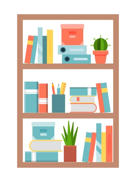 Books and shelves flat style, vector illustration. Bookshelves collection informatively educational, school paper textbooks. — Stock Vector