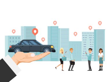 El ele tutuşan lüks bir araba, şehir araç paylaşımı beyaz, düz vektör çizimi. Küçük karakter şehir manzarasında ayakta duruyor..