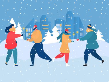 Mutlu noel partisi mutlu neşeli insanlar, iyi arkadaşlar açık havada eğleniyorlar, kış, çizgi film stili tasarım vektör çizimi.