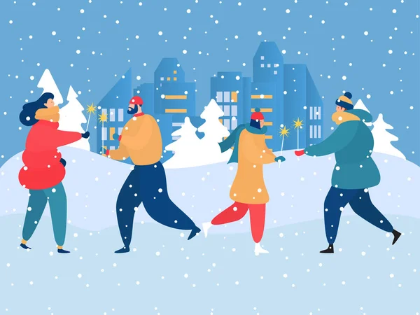 Праздничная рождественская вечеринка счастливые веселые люди, хорошая компания весело провести время на открытом воздухе, зима, мультфильм стиль дизайн векторной иллюстрации . — стоковый вектор