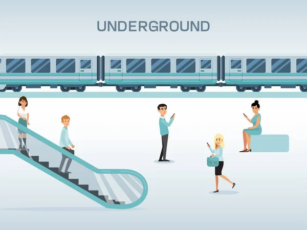 Estación de metro de la ciudad, personaje masculino femenino utilizar escaleras mecánicas y tren de espera, concepto ilustración vector plano . — Vector de stock