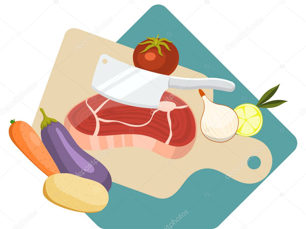 Cooking meat, vegetables food preparation isolated on white, flat vector illustration. Cutting board foodstuff product, kitchen cleaver.