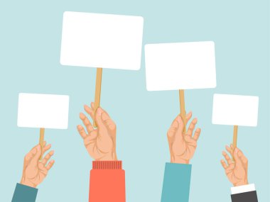 Gösteriyi kavramsal protesto, yardım grubu pankartlı manifesto, çözüm çatışmasındaki kriz, düz tasarım vektör illüstrasyonu.