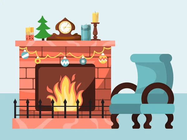 Εορταστική ατμόσφαιρα, Χριστουγεννιάτικη χειμερινή διάθεση με καύση φωτιά στο τζάκι, επίπεδη σχεδίαση διανυσματική απεικόνιση απομονώνονται σε λευκό. — Διανυσματικό Αρχείο