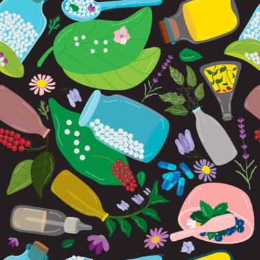 Renkli, homeopatik, kusursuz baba, parlak tıbbi geçmiş farklı elementler, tasarım, düz stil çizimi.