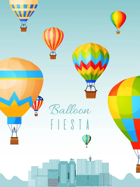 Плакат фестиваля воздушных шаров, полеты на воздушном шаре, плоская векторная иллюстрация. Путешествие по городскому ландшафту, празднование баннерного аэронавта . — стоковый вектор