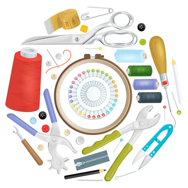 Різні швейні інструменти, складені у формі кола, яскравий рекламний плакат для шиття дизайну студії, плоский стиль Векторні ілюстрації . — стоковий вектор