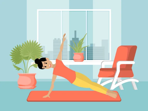 Yoga a casa donna conduce stile di vita sano, relax, fitness e riposo sano, design, illustrazione vettoriale in stile piatto . — Vettoriale Stock