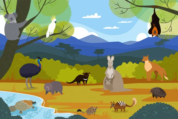 Animali australiani nel paesaggio naturale, personaggi dei cartoni animati della fauna selvatica, illustrazione vettoriale — Vettoriale Stock
