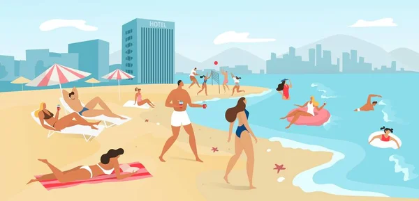 Pessoas na paisagem de praia de verão, viagem ao conceito de mar tropical, banhos de sol e natação no oceano, recurso ilustração vetorial plana . —  Vetores de Stock