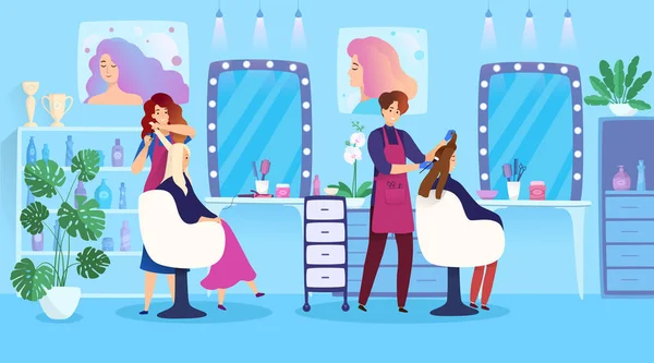 Penteado de mulher no salão de beleza, cabelo tingir pessoas personagens de desenhos animados, ilustração vetorial —  Vetores de Stock